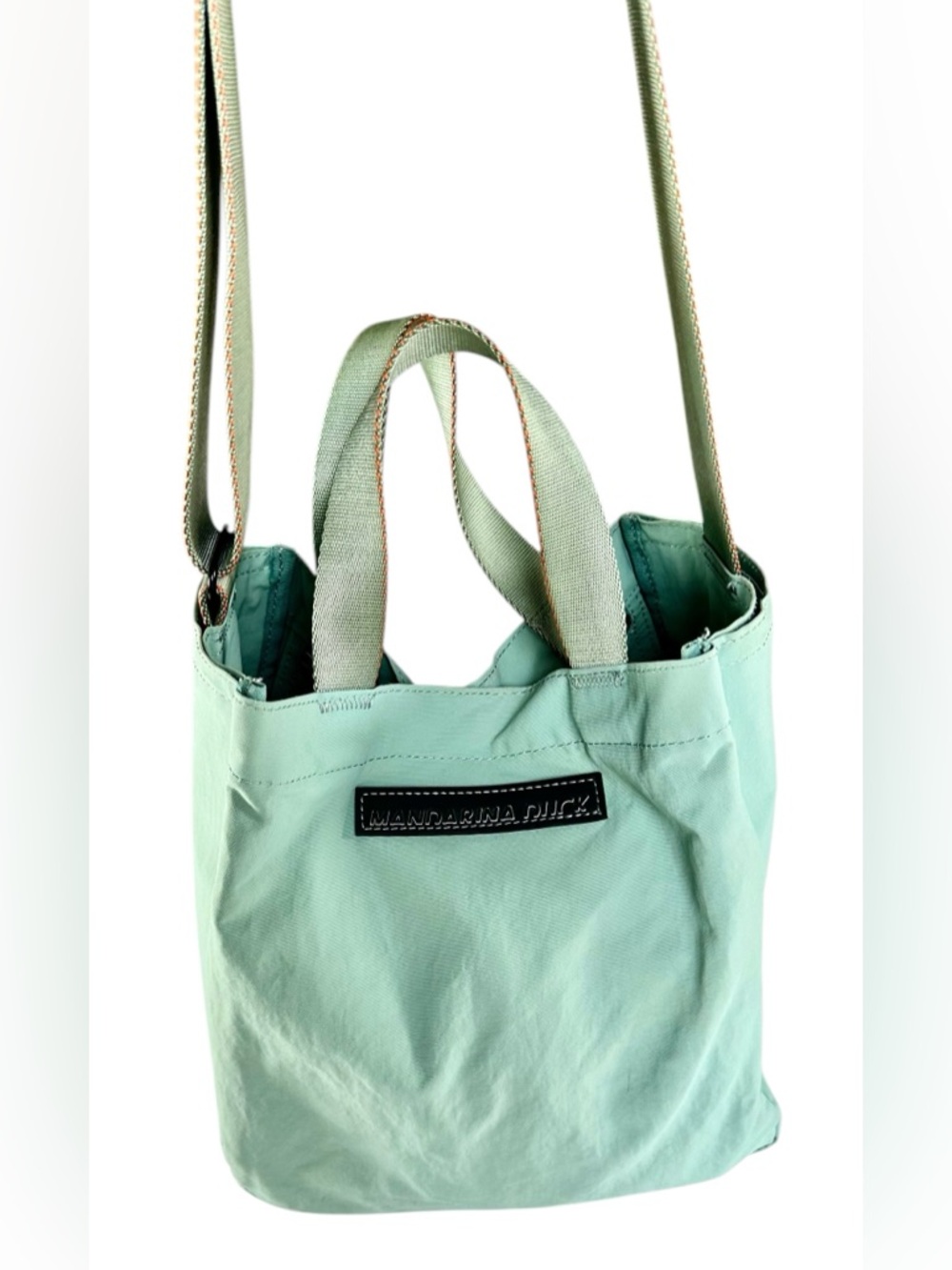Mandarina Duck Canvas Tote with Dual Handles and Crossbody Strap in Mint Green